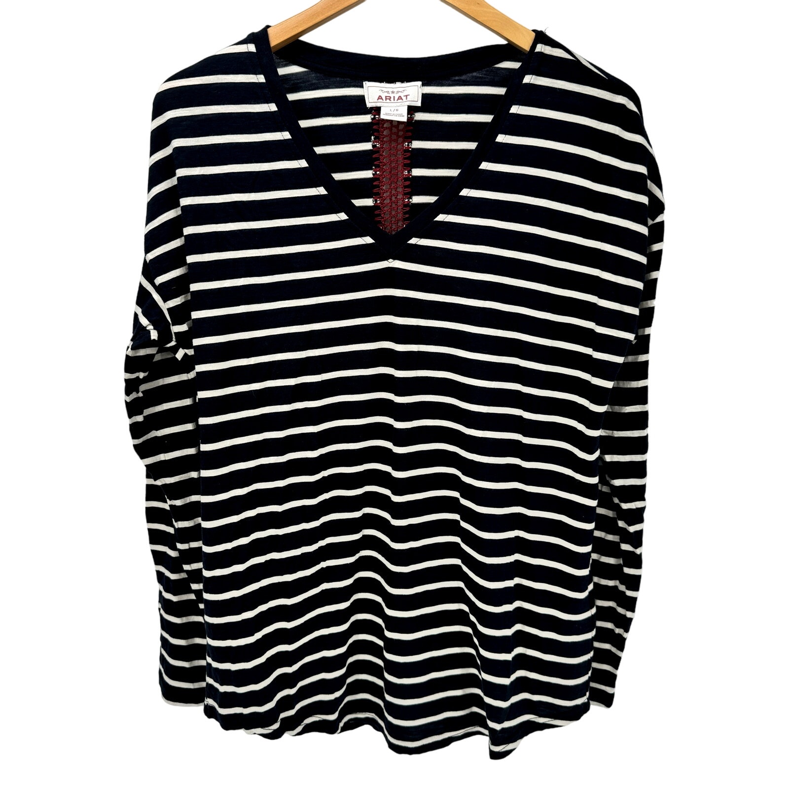 Ariat Blouse Womens Large Blue White Stripe Red Crochet Back Long Sleeve V-Neck